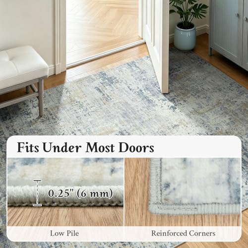 2x6 Runner Rug Non-Slip Washable, Blue Runners for Hallway Kitchen Entryway Indoor, Soft Neutral Abstract Modern Farmhouse Carpet for Bedroom Laundry Room Decor