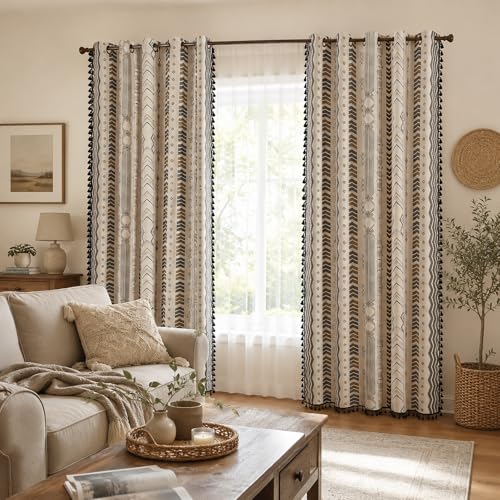 Colorbirtd 100% Blackout Boho Curtains Heat Sun Blocking for Bedroom Living Room 84 Inches Thermal Curtains for Summer Heat Sun Blocking Black and White Western Southwest Black Out Drapes Sliding Door