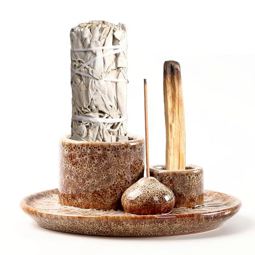 4 in 1 Ceramic Incense Burner, Sage Holder for Burning Bowl, Palo Santo Holder, Incense Holder for Sticks, Smudge Stick Holder(Brown)