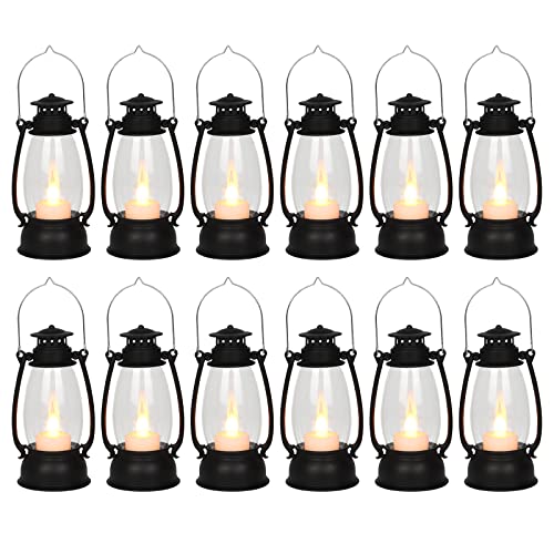 12Pcs Mini Lantern for Cowboy Halloween Christmas Wedding, Black 6" Candle Lantern with Flickering LED for Camping Western Party Decorations, Table Centerpiece, Hanging Lamp Ornaments Bulk