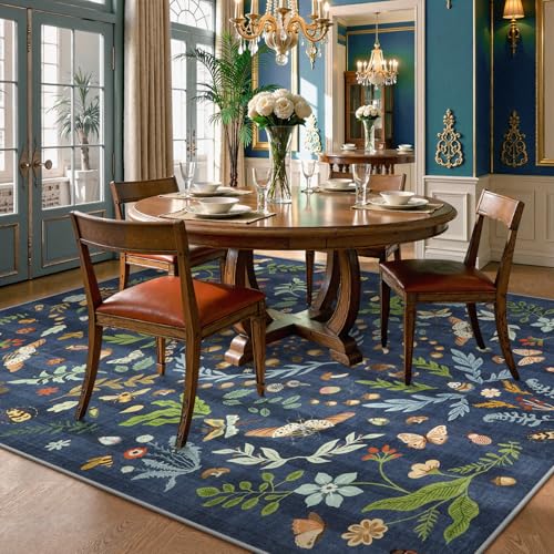 Lahome Washable Insect Botanical 8x10 Area Rugs for Living Room - Machine Washable Non-Slip Navy Blue Nursery Rug, Boho Low Profile Soft Faux Wool Carpet for Bedroom Laundry Playroom Dining Room
