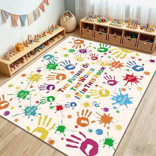 Colorful Kids Rug, Washable Rug for Kids, Handprints Area Rugs for Kid Bedroom, Non-Slip Play Mat Ultra Soft Thick Indoor Plush Rugs for Playroom Classroom Decor (78.7 X 59 INCH)