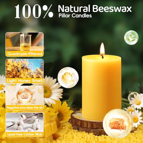 12 Pack Beeswax Candles,384 Hours Total Burn Time-2x3in,100% Pure Beeswax Pillar Candles,Unscented Bees Wax Candles for Home,Prayer,Emergency,Dripless Smokeless Pillar Candles Bluk