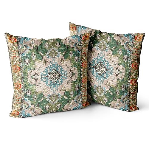 Snycler Boho Throw Pillow Covers 18x18 inch Set of 2 Boho Rug Carpet Double Sided Pattern Cotton Soft Pillow Case Cushion Cover Pillowcase for Couch Sofa Bed Decorative (Green)