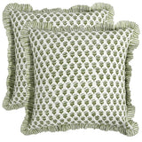 CPC Block Print Ruffle Throw Cover Emerald Green 20"x20" Inch Pack of 2-100% Cotton Ruffle Couch Decorative Boho Pillows Case for Living Room, Bedroom, Sofa, Farmhouse Gift for Spring, Mother's Day