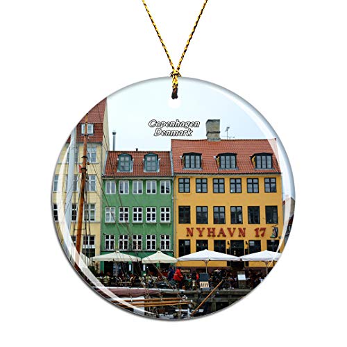 Denmark Nyhavn Copenhagen Christmas Xmas Tree Ornament Decoration Hanging Pendant Decor City Travel Souvenir Collection Double Sided Porcelain 2.85 Inch