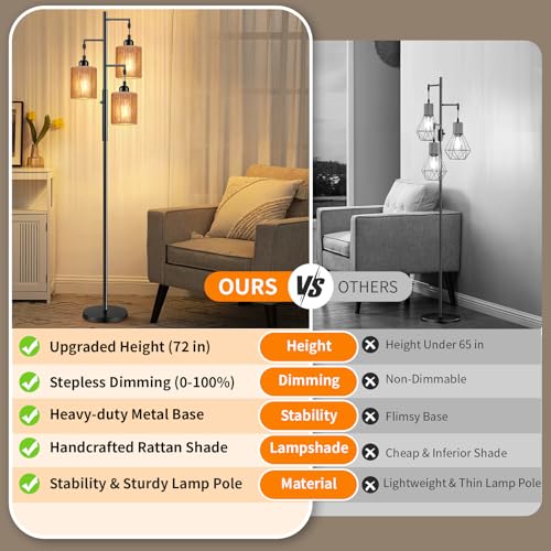 Hotsonic 72" Tall Boho Rattan Style Floor Lamp with Hand-Woven Paper Cord Shade, Dimmable Industrial Tree Standing Lamp for Living Room, Bedroom, Study Room, Office (3 x 800LM Bulbs Included) - Black