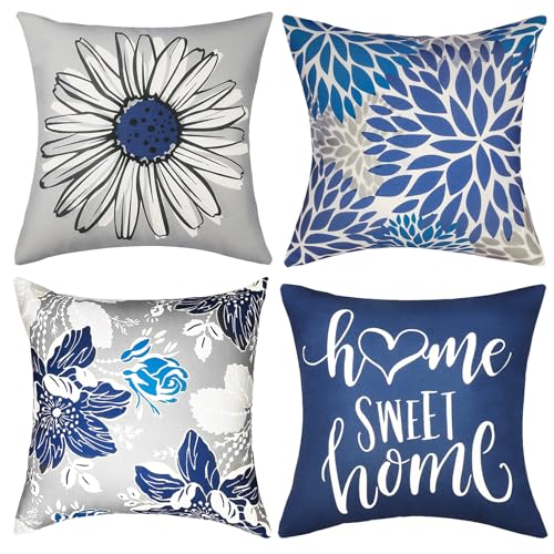 Decorative Throw Pillow Covers Set of 4 Blue Pillow Covers 18x18 inch Throw Pillow Cases Linen Square Pillow Case,Farmhouse Outdoor Modern Boho Pillow Covers for Couch Sofa Living Room