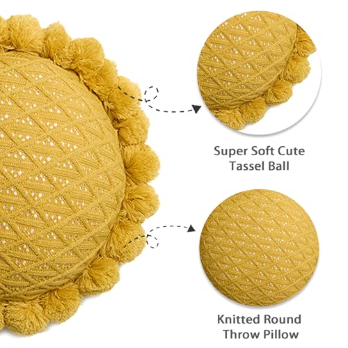 Acrylic Knitted Round Throw Pillow Knitting Bohemian Circular Cushion Pillow with Knit Handmade Pompoms Decorative Ginger Yellow, Diameter 18inches