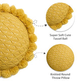 Acrylic Knitted Round Throw Pillow Knitting Bohemian Circular Cushion Pillow with Knit Handmade Pompoms Decorative Ginger Yellow, Diameter 18inches