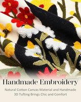 Embroidered Throw Pillow Cover, 20x12 Inch, Black Cat Floral