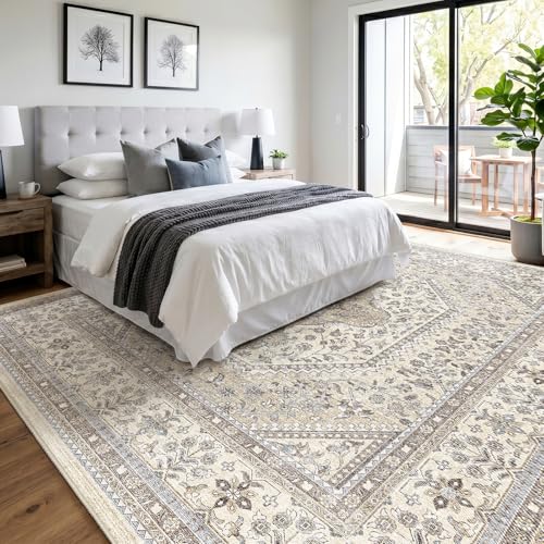 11x11 Square Washable Area Rug - Non-Slip Living Room Rugs Beige Gray