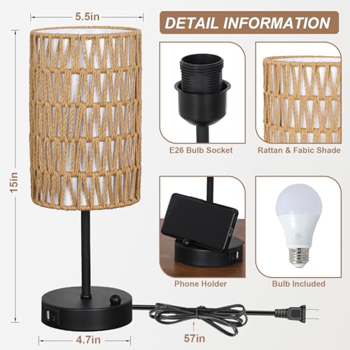Touch Table Lamp For Bedroom with Bulb, Boho Small Desk Lamp For Living Room With Rattan & Li – alternate view