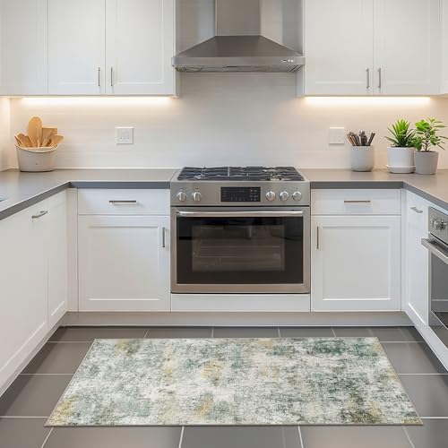 2x4 Rug for Entryway Washable: Abstract Modern Runner for Kitchen Green
