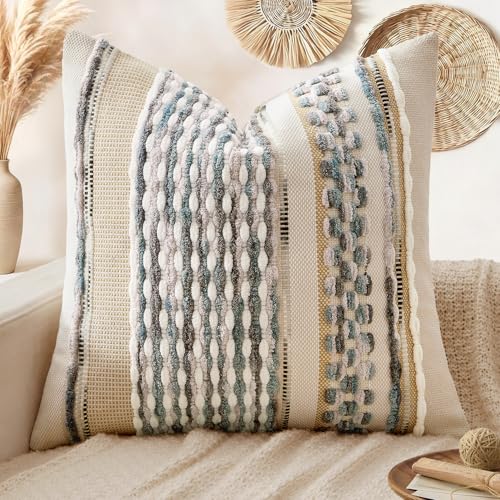 Boho Decorative Pillow Covers Gray Blue Stripe 18x18 Inch Pack of 1