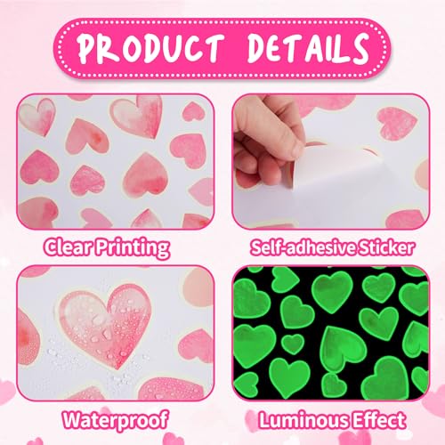 42 pcs Pink Heart Shape Wall Stickers for Girls Bedroom，Glow in The Dark Kids Room Decor, Baby Nursery Ceiling Decals Wallpaper Vinyl Murals
