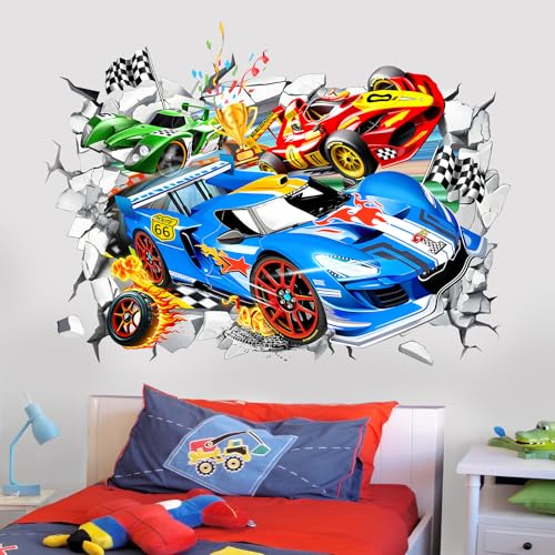 wondever Large 3D Racing Car Wall Stickers Vehicles Break Through Peel and Stick Wall Art Decals for Boys Room Kids Bedroom Playroom