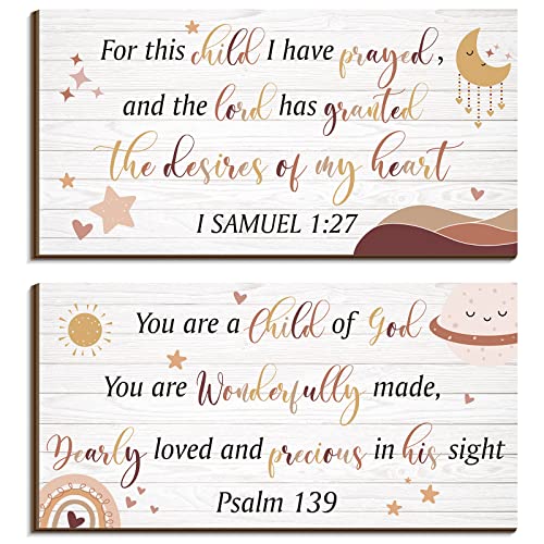 Yookeer 2 Pcs Nursery Wall Art Wooden Baby Room Wall Decor This Child I Have Prayed Bible Quote Hanging Sign for Girls Boys Teen Home Room Bedroom Playroom(Cute)