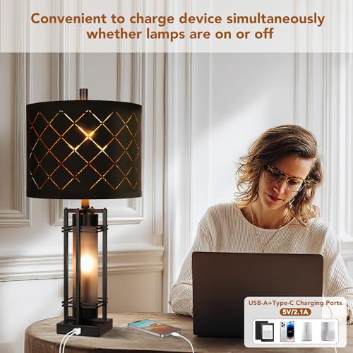 Modern Table Lamp Set of 2, Nightstand Lamps with Black Grid Shade, Bedside Lamps with USB A+C Charging Ports, Decorative Table Lamp, Square Base, Desk Lamps for Living Room, Bedroom, 2 Bulbs Included