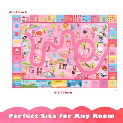 Terrug Kids Rug for Playroom, Educational Classroom Rug for Kids Room, Washable Nursery Rugs Non Slip Playroom Rugs Play Mat for Learning ABC Carpet, Numbers, Animal, Colors, Season, 4X6 Feet, Pink