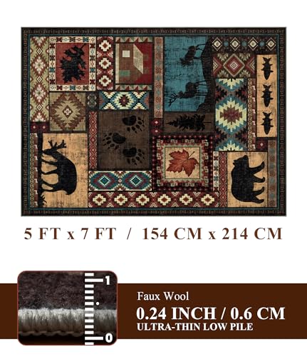 YIHOUSE Rustic Cabin Area Rug 5x7,Machine Washable Lodge Bear Rug,Non-Slip Low Pile Print Pattern Southwestern Rug for Living Room Bedroom