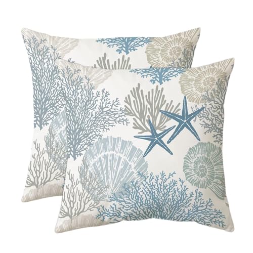 Tritard Nautical Coastal Throw Pillow Covers 18x18 Set of 2 Beach Themed Ocean Seashell Coral Starfish Velvet Couch Decorative Pillow Cases Outdoor Sofa Cushion Cover for Bedroom Living Room, Blue