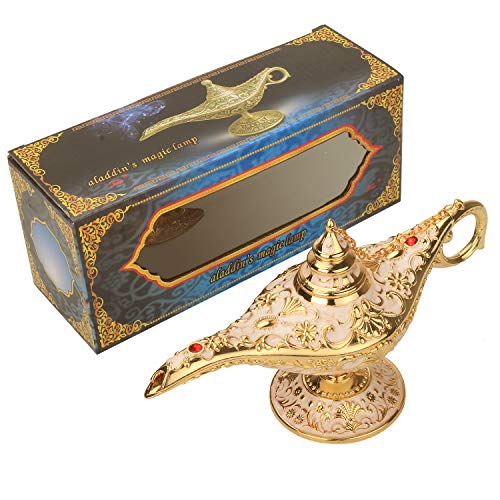 K COOL Classic Aladding Magic Genie Lamp Legend Wishing Light Costume Lamp Metal Carved Cone Incense Burner for Home Tabletop Decoration Party Birthday Halloween Christmas(Beige)