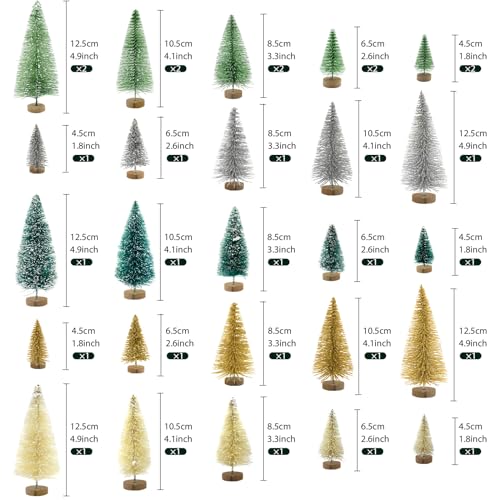 30PCS Bottle Brush Christmas Trees Mini Bottle Brush Trees with Wood Base Tabletop Small Christmas Village Tree, Xmas Holiday Decor
