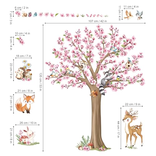decalmile Woodland Animals Large Flower Tree Wall Decals Cherry Blossom Deer Fox Wall Stickers Baby Nursery Kids Bedroom Living Room Wall Decor