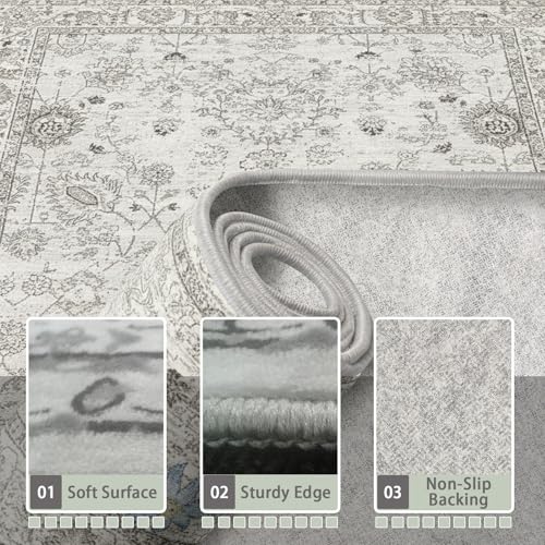 Grey Floral Area Rug 4x6 for Bedroom Dining Room