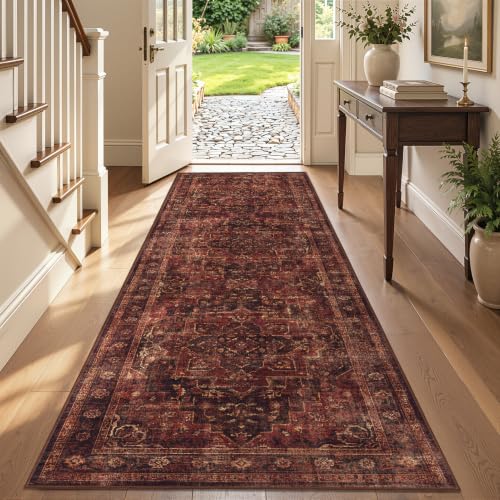 Washable Hallway Runner Rug 3'x8', Vintage Medallion, Dark Red