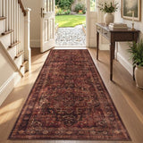 Washable Hallway Runner Rug 3'x8', Vintage Medallion, Dark Red