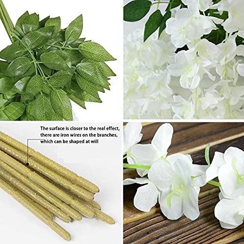 WEISPARK Fake Hanging Flowers - 12 Pieces 3.75 Feet/Piece Artificial Wisteria Vine Ratta Hanging Garland Silk Flowers for Home Party Wedding Decor (White)