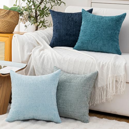 Pack of 4 Throw Pillow Covers 18x18 inch Blue Series Boho Cushion Covers Decorative Farmhouse Pillow Covers for Couch Bed Sofa Living Room Home Decor Soft Square Pillowcase