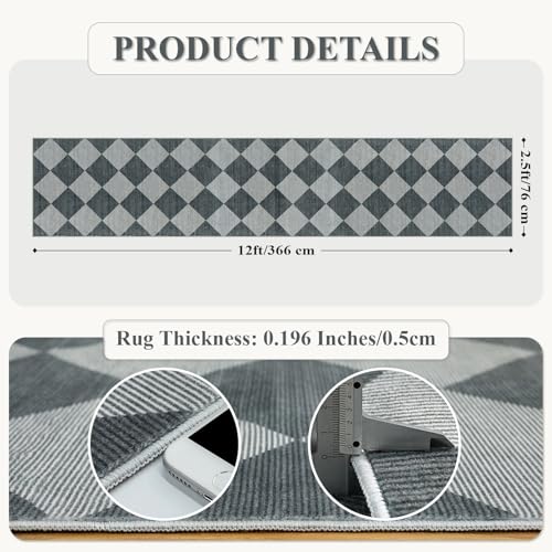 Checkered Rug Runner for Hallways 2.5x12, Kitchen Runner Rugs Non Skid Washable Ultra Thin, Moroccan Extra Long Carpet for Bathroom Decor, Modern Plaid Carpet for Kitchen (Blue/Grey)