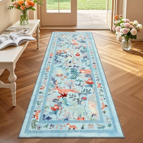 nesrt Animal Botanical Runner Rugs for Hallway 2x6ft, Non Slip Kitchen Rug Washable, Soft Low Pile Fox Bedside Runners, Cute Woodland Accent Floor Carpet for Bedroom Hall Bathroom Laundry (Blue)