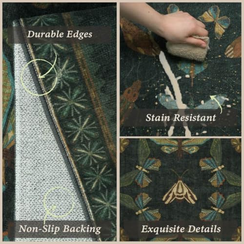 JTJ Washable Kitchen Rugs Set of 3, Dark Green Vintage Insect Kitchen Mats