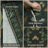JTJ Washable Kitchen Rugs Set of 3, Dark Green Vintage Insect Kitchen Mats