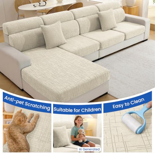 Stretch Couch Cushion Covers, 3 Piece Sofa Seat Slipcovers for Pets, Non Slip Sofa Seat Cover Washable Washable, Soft Thick, with Elastic Bottom(3 Piece Sofa Cushion Covers, Beige)