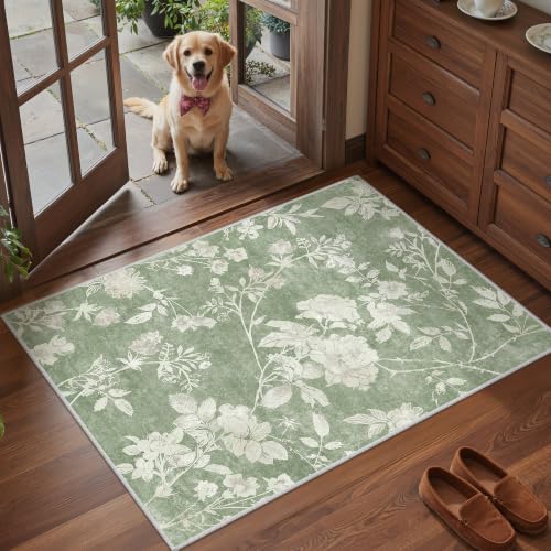 Soalmost Floral Washable Rugs 2x3, Soft Doormat for Entryway Green