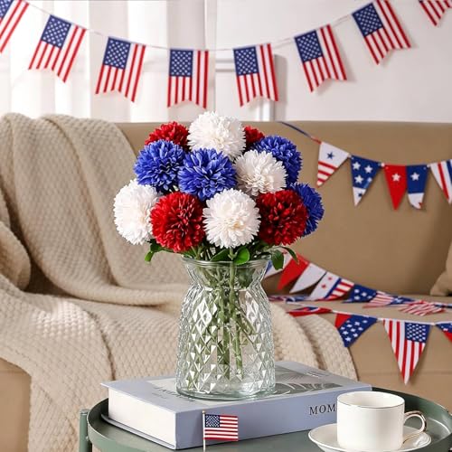 Floweroyal 12pcs 4th of July Flowers 250th Anniversary Artificial Chrysanthemum Ball Silk Hydrangea Flowers for Independence Day, Memorial Day, Floral Arrangement Decor (Red, Blue, White)