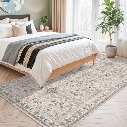4x8 Rug Washable for Entryway Kitchen – Non-Slip Rubber Backed Area Rug for Hallway Bedroom Living Room Office,Boho Floral Low Pile Thin Floor Indoor Mat (Beige,4x8)