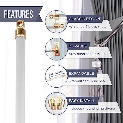 Amazing Drapery Hardware White Swivel Sash Curtain Rods with Brass Ends, Set of 4 (Hardware Included) - Adjustable Length 11-19 Inches, Easy to Install Metal Rods for Doors, Windows, and Sidelights