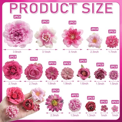 Artificial Flowers Heads Combo Rose Red Flowers Mix Silk Flowers Heads Pink Bulk Faux Rose for Craft Garland Graduation Cap Wedding Bridal Baby Shower Home Party Decoration DIY Cake Decor