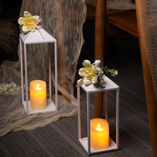 White Decorative Lantern Decor 17" 13" Set of 2 Wedding Lantern with Candle