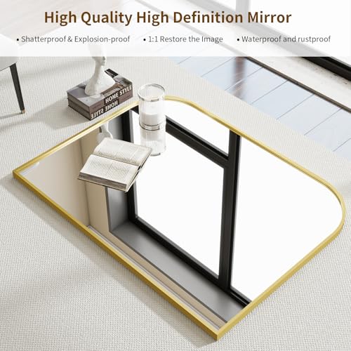 Gold Arched Top Wall Mounted Mirror - 38 x 30 Inch Round Cruved Top Bathroom Vanity Mirror, Aluminum Metal Framed, Home Decor for Living Room, Bedroom, Fireplace, Mantle, Entryway