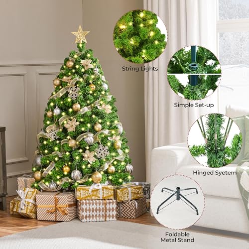Yaheetech 4.5ft Pre-lit Artificial Christmas Tree with Incandescent Warm White Lights, Flocked Full Prelighted Xmas Tree with 340 Branch Tips, 150 Incandescent Lights & Foldable Stand, Pure Green
