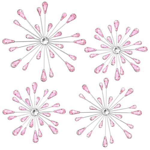Hicarer 4 Pcs Starburst Wall Decor Bling Wall Art Crystal Teardrop 3D Hanging Rhinestone Radial Metal Artwork Modern Accent Sculptures Decorations for Living Room Home Office Bedroom(Pink)