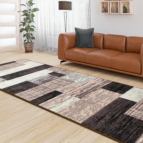 Indoor Washable Runner Rug with Rubber Backing, Modern Geometric Patchwork