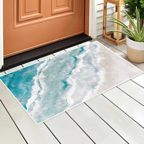 Beach Pattern Small Rug 2x3ft Runner Rug Non Slip Washable Kitchen Runner Rug with Rubber Backing，Low-Pile Soft Indoor Door mats Washable Runner Rugs for Hallway Entryway Kitchen Bedroom
